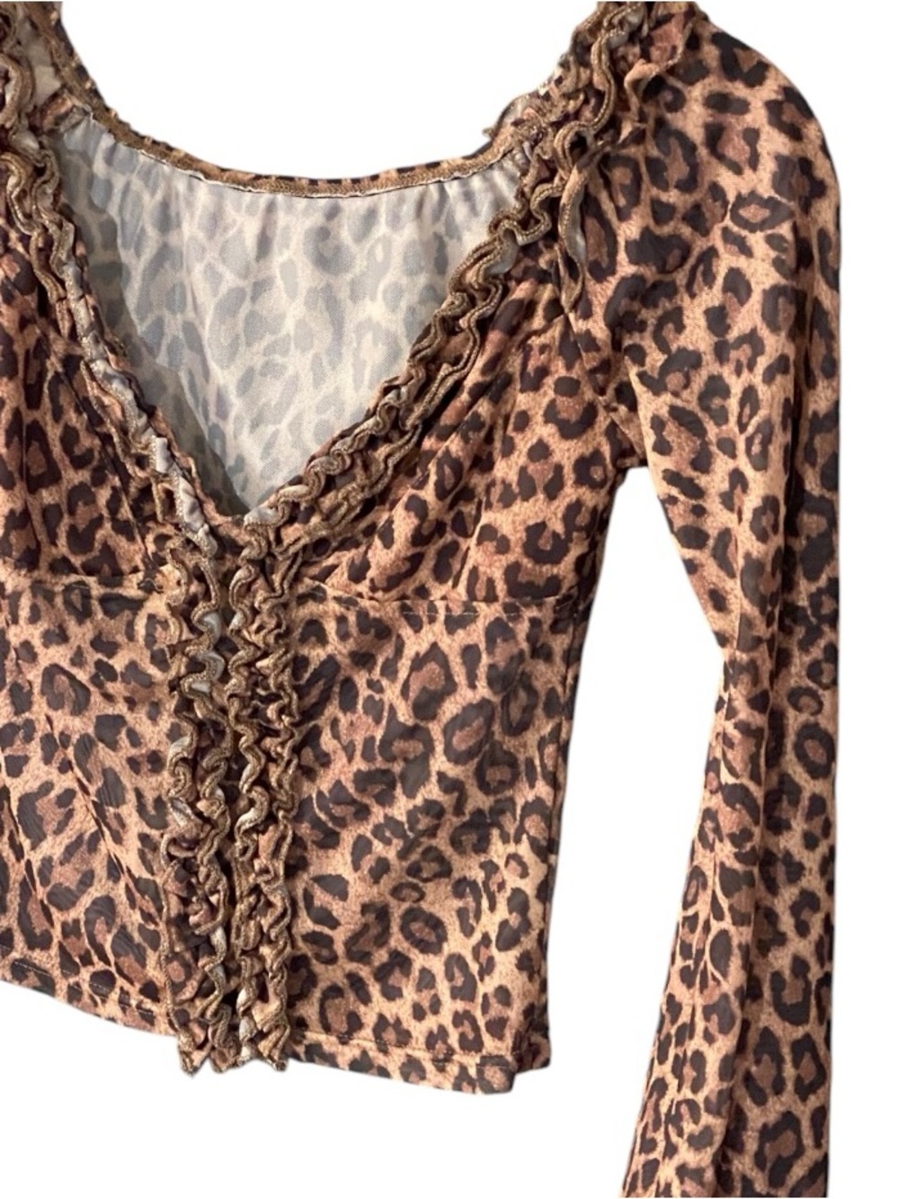 Y2K Leopard Mesh Top XS Off Shoulder Bell Sleeve Fairy Grunge Indie Sleaze - Picture 6 of 11